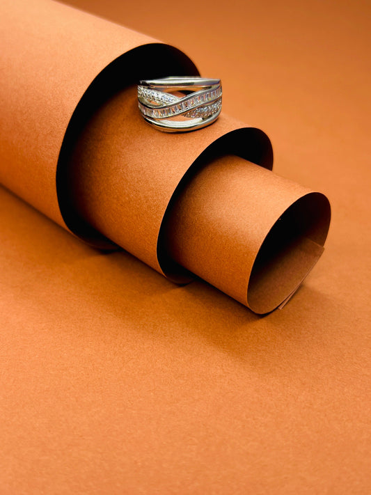 Multi-Row Crossover Statement Ring – Silver-Tone with Crystals